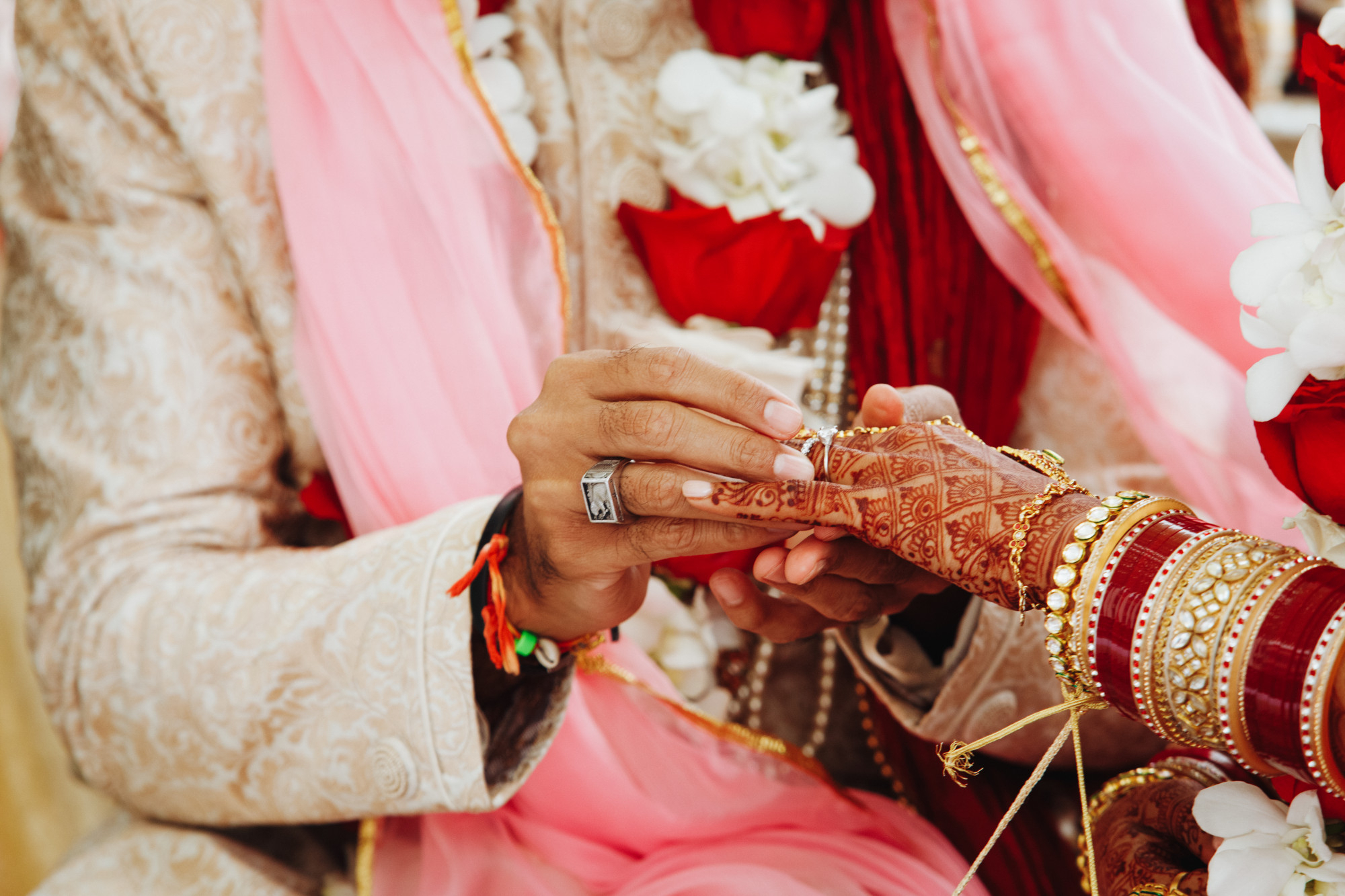 Close-up of hands during an Indian wedding ceremony